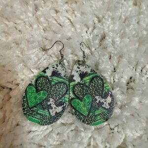 Green Heart St Pattys Leopard Print Teardrop Earrings
